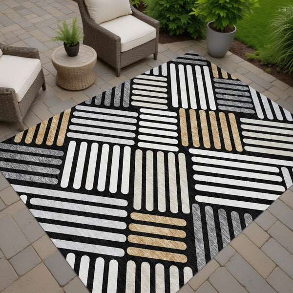 HomeRoots 10' Contemporary Black Beige Ivory Geometric Washable Area Rug for Indoor & Outdoor Use, Durable 660390