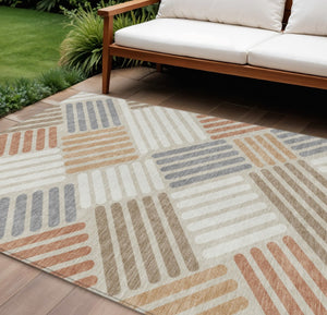 HomeRoots 8' X 10' Geometric Washable Area Rug in Copper, Ivory & Rust - Durable, Stylish for Indoor/Outdoor Use 660394