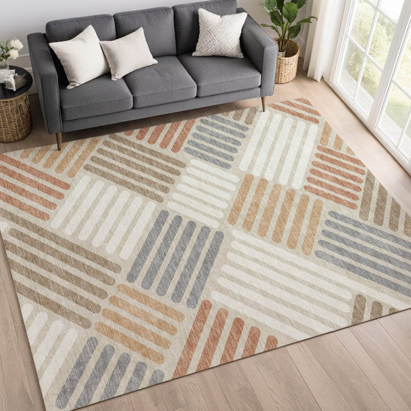 HomeRoots 8' X 10' Geometric Washable Area Rug in Copper, Ivory & Rust - Durable, Stylish for Indoor/Outdoor Use 660394