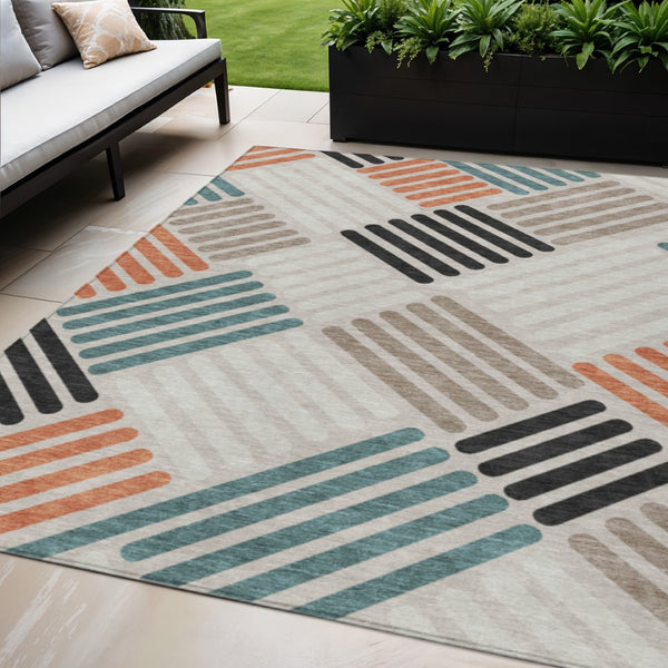 HomeRoots 5' X 8' Sand Ivory and Black Geometric Rug - Washable, Durable, Indoor & Outdoor Perfect for Any Space! 660398