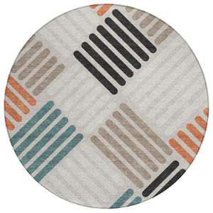 HomeRoots 8' Stylish Sand Ivory & Black Round Geometric Washable Rug for Indoor/Outdoor Spaces, Durable & Chic 660399