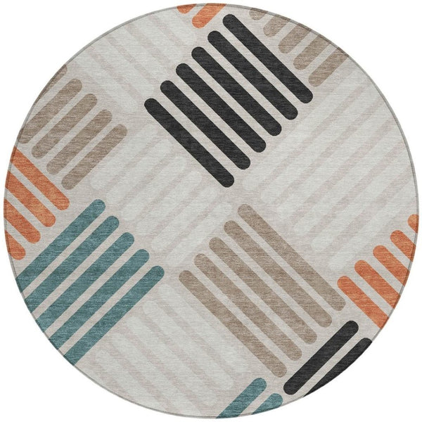HomeRoots 8' Stylish Sand Ivory & Black Round Geometric Washable Rug for Indoor/Outdoor Spaces, Durable & Chic 660399