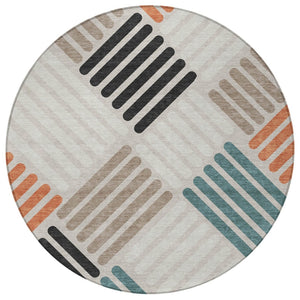 HomeRoots 8' Stylish Sand Ivory & Black Round Geometric Washable Rug for Indoor/Outdoor Spaces, Durable & Chic 660399