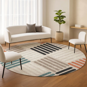 HomeRoots 8' Stylish Sand Ivory & Black Round Geometric Washable Rug for Indoor/Outdoor Spaces, Durable & Chic 660399