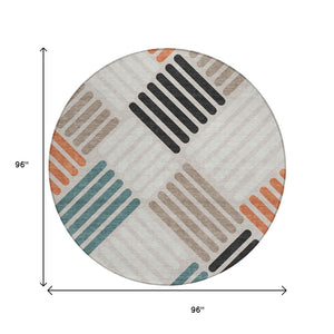 HomeRoots 8' Stylish Sand Ivory & Black Round Geometric Washable Rug for Indoor/Outdoor Spaces, Durable & Chic 660399