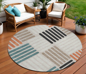 HomeRoots 8' Stylish Sand Ivory & Black Round Geometric Washable Rug for Indoor/Outdoor Spaces, Durable & Chic 660399