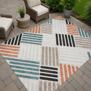 HomeRoots 8' X 10' Geometric Sand Ivory & Black Area Rug – Stylish, Durable, Washable for Indoor & Outdoor Use 660400