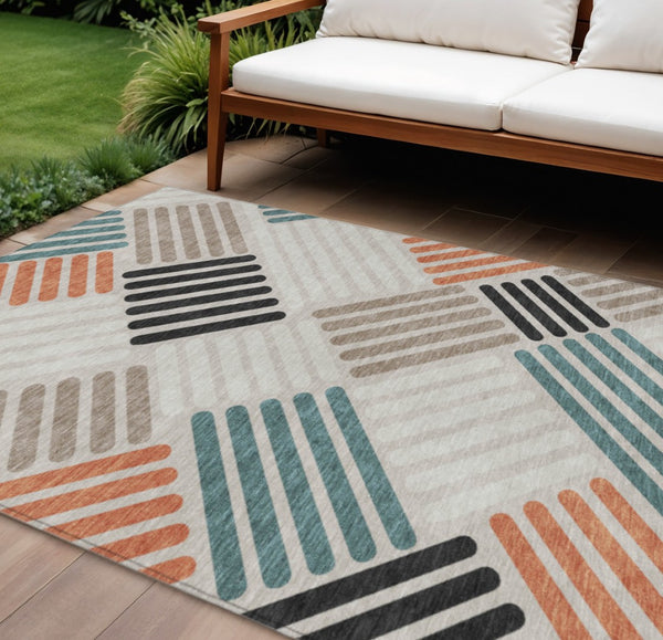 HomeRoots 9' X 12' Sand Ivory & Black Geometric Washable Rug – Durable Indoor/Outdoor Style for Any Space! 660401