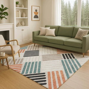 HomeRoots 9' X 12' Sand Ivory & Black Geometric Washable Rug – Durable Indoor/Outdoor Style for Any Space! 660401