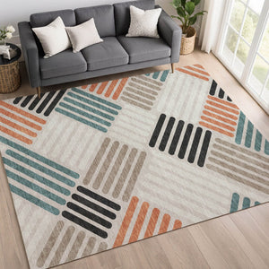 HomeRoots 10' Contemporary Sand Ivory & Black Geometric Washable Area Rug for Indoor/Outdoor Versatility 660402