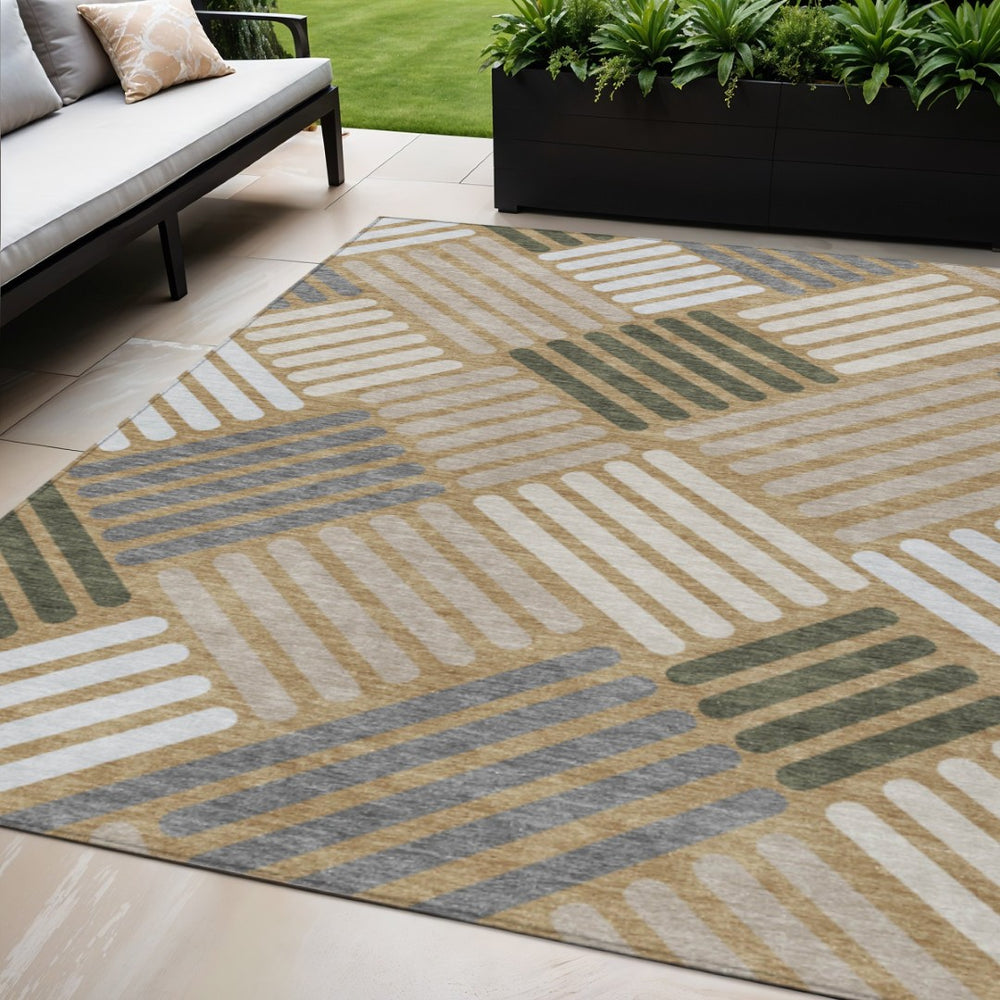 HomeRoots 5' Geometric Washable Area Rug in Gold, Ivory & Charcoal – Stylish, Durable for Indoor & Outdoor Use 660404