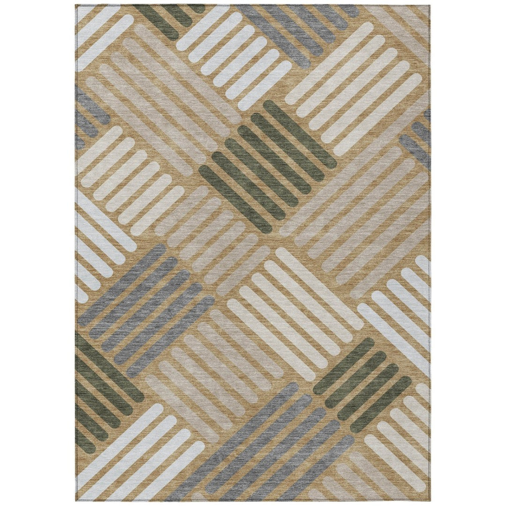 HomeRoots 5' Geometric Washable Area Rug in Gold, Ivory & Charcoal – Stylish, Durable for Indoor & Outdoor Use 660404