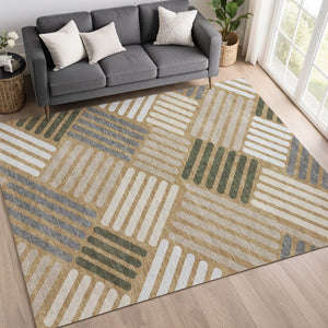 HomeRoots 5' Geometric Washable Area Rug in Gold, Ivory & Charcoal – Stylish, Durable for Indoor & Outdoor Use 660404