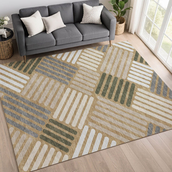 HomeRoots 5' Geometric Washable Area Rug in Gold, Ivory & Charcoal – Stylish, Durable for Indoor & Outdoor Use 660404