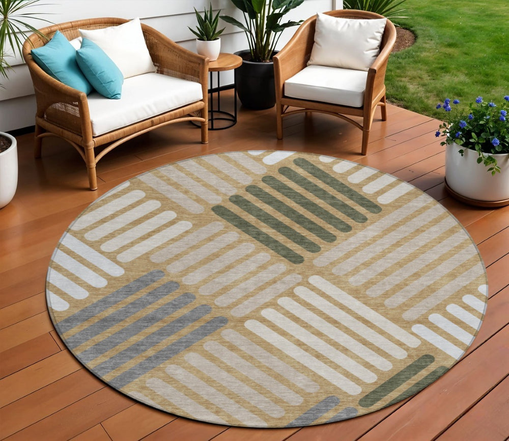 HomeRoots 8' Gold Ivory and Charcoal Round Geometric Rug – Durable, Washable, Stylish for Indoor & Outdoor Spaces 660405