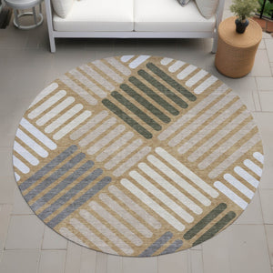 HomeRoots 8' Gold Ivory and Charcoal Round Geometric Rug – Durable, Washable, Stylish for Indoor & Outdoor Spaces 660405