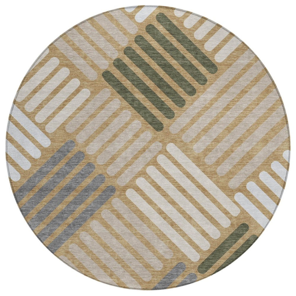 HomeRoots 8' Gold Ivory and Charcoal Round Geometric Rug – Durable, Washable, Stylish for Indoor & Outdoor Spaces 660405