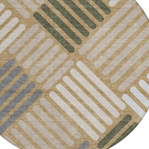 HomeRoots 8' Gold Ivory and Charcoal Round Geometric Rug – Durable, Washable, Stylish for Indoor & Outdoor Spaces 660405