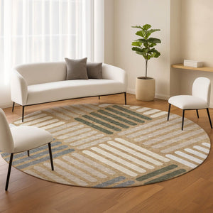 HomeRoots 8' Gold Ivory and Charcoal Round Geometric Rug – Durable, Washable, Stylish for Indoor & Outdoor Spaces 660405