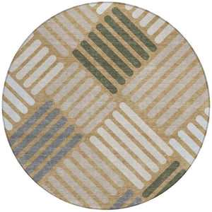HomeRoots 8' Gold Ivory and Charcoal Round Geometric Rug – Durable, Washable, Stylish for Indoor & Outdoor Spaces 660405