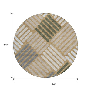 HomeRoots 8' Gold Ivory and Charcoal Round Geometric Rug – Durable, Washable, Stylish for Indoor & Outdoor Spaces 660405