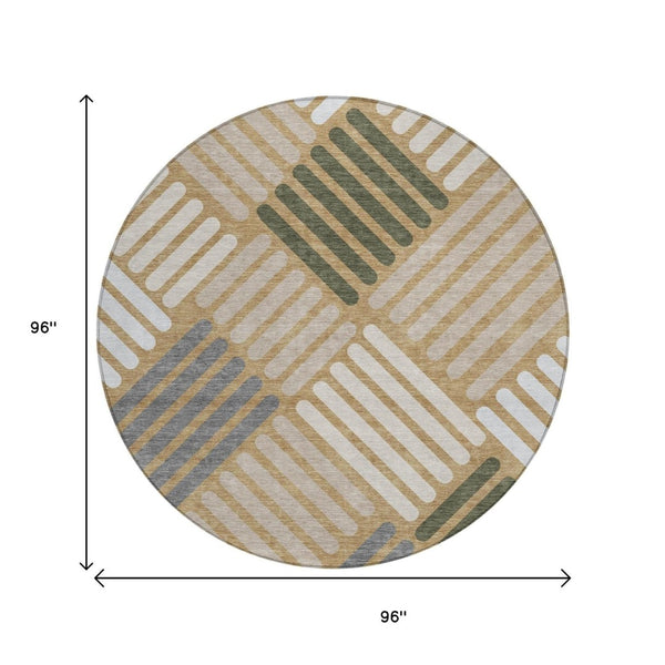 HomeRoots 8' Gold Ivory and Charcoal Round Geometric Rug – Durable, Washable, Stylish for Indoor & Outdoor Spaces 660405