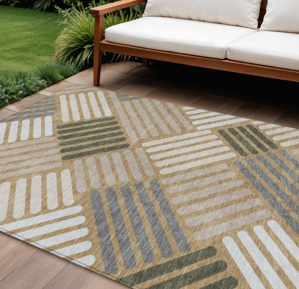 HomeRoots 10' X 14' Modern Gold Ivory Charcoal Geometric Washable Indoor Outdoor Area Rug for High Traffic Areas 660408