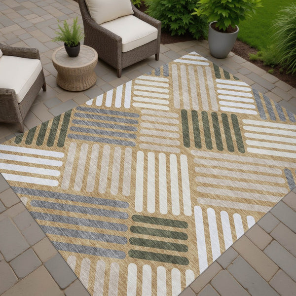 HomeRoots 10' X 14' Modern Gold Ivory Charcoal Geometric Washable Indoor Outdoor Area Rug for High Traffic Areas 660408