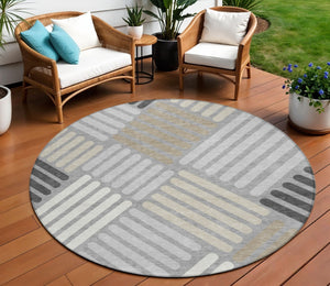 HomeRoots 8' Modern Gray Ivory Tan Round Geometric Washable Area Rug for Indoor & Outdoor High-Traffic Spaces 660411