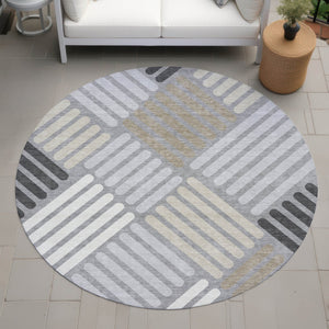 HomeRoots 8' Modern Gray Ivory Tan Round Geometric Washable Area Rug for Indoor & Outdoor High-Traffic Spaces 660411