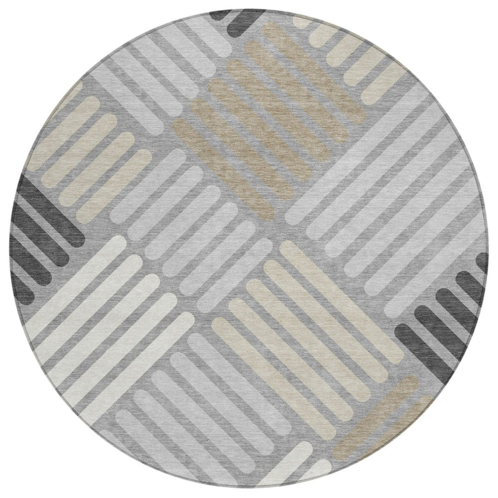 HomeRoots 8' Modern Gray Ivory Tan Round Geometric Washable Area Rug for Indoor & Outdoor High-Traffic Spaces 660411