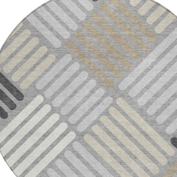 HomeRoots 8' Modern Gray Ivory Tan Round Geometric Washable Area Rug for Indoor & Outdoor High-Traffic Spaces 660411