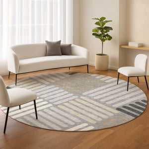 HomeRoots 8' Modern Gray Ivory Tan Round Geometric Washable Area Rug for Indoor & Outdoor High-Traffic Spaces 660411