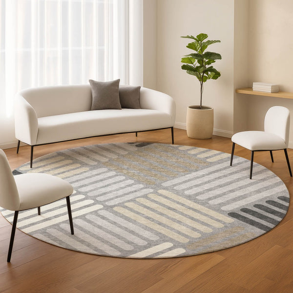 HomeRoots 8' Modern Gray Ivory Tan Round Geometric Washable Area Rug for Indoor & Outdoor High-Traffic Spaces 660411