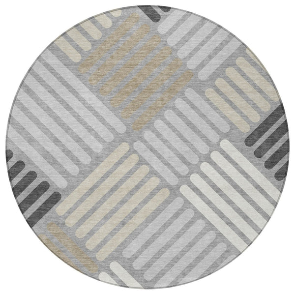 HomeRoots 8' Modern Gray Ivory Tan Round Geometric Washable Area Rug for Indoor & Outdoor High-Traffic Spaces 660411