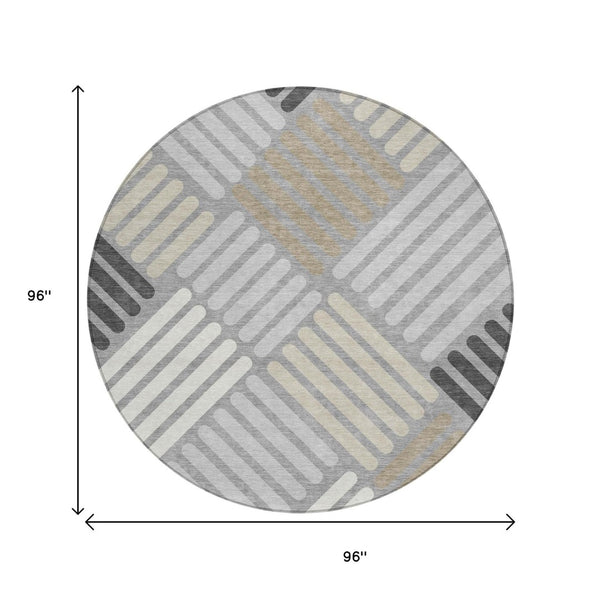 HomeRoots 8' Modern Gray Ivory Tan Round Geometric Washable Area Rug for Indoor & Outdoor High-Traffic Spaces 660411