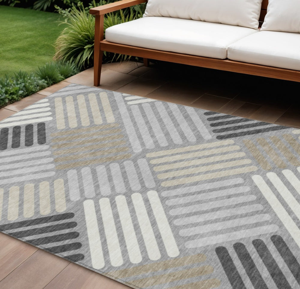 HomeRoots 10' Gray Ivory Tan Geometric Washable Area Rug – Stylish Indoor Outdoor Essential for Modern Homes 660414