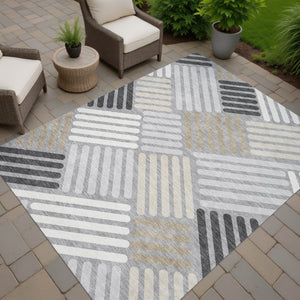 HomeRoots 10' Gray Ivory Tan Geometric Washable Area Rug – Stylish Indoor Outdoor Essential for Modern Homes 660414