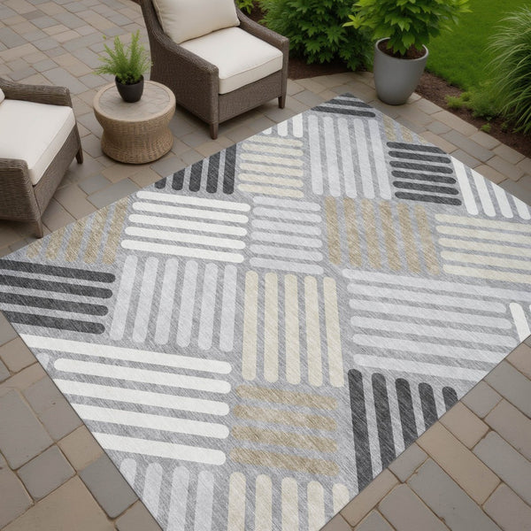 HomeRoots 10' Gray Ivory Tan Geometric Washable Area Rug – Stylish Indoor Outdoor Essential for Modern Homes 660414
