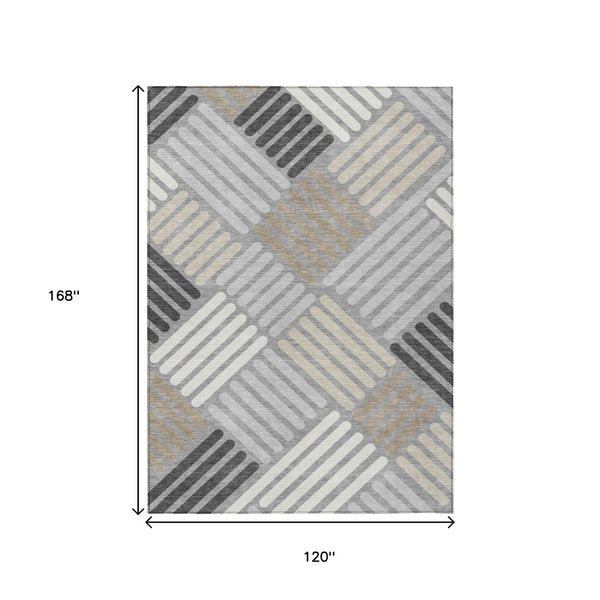 HomeRoots 10' Gray Ivory Tan Geometric Washable Area Rug – Stylish Indoor Outdoor Essential for Modern Homes 660414