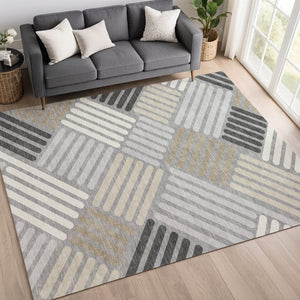 HomeRoots 10' Gray Ivory Tan Geometric Washable Area Rug – Stylish Indoor Outdoor Essential for Modern Homes 660414