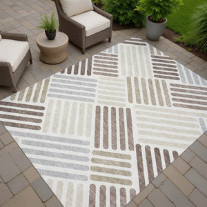 HomeRoots 5' Stylish Ivory Beige and Brown Geometric Area Rug - Washable for Indoor/Outdoor Use, Durable Design 660416