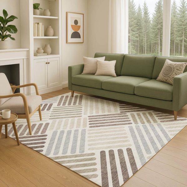 HomeRoots 5' Stylish Ivory Beige and Brown Geometric Area Rug - Washable for Indoor/Outdoor Use, Durable Design 660416