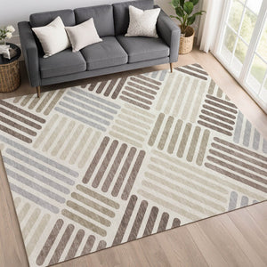 HomeRoots 5' Stylish Ivory Beige and Brown Geometric Area Rug - Washable for Indoor/Outdoor Use, Durable Design 660416