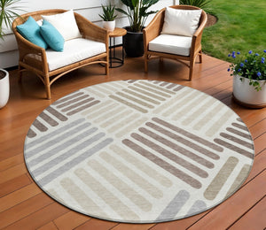 HomeRoots 8' Round Geometric Area Rug in Ivory Beige & Brown - Washable, Durable for Indoor/Outdoor Use 660417