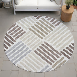 HomeRoots 8' Round Geometric Area Rug in Ivory Beige & Brown - Washable, Durable for Indoor/Outdoor Use 660417