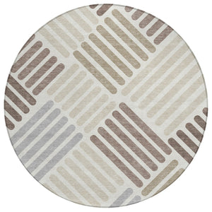 HomeRoots 8' Round Geometric Area Rug in Ivory Beige & Brown - Washable, Durable for Indoor/Outdoor Use 660417