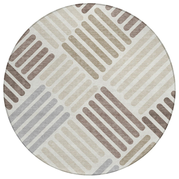 HomeRoots 8' Round Geometric Area Rug in Ivory Beige & Brown - Washable, Durable for Indoor/Outdoor Use 660417
