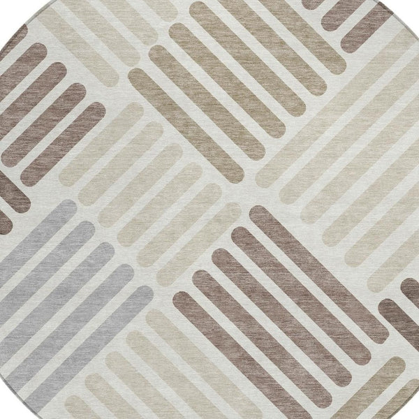 HomeRoots 8' Round Geometric Area Rug in Ivory Beige & Brown - Washable, Durable for Indoor/Outdoor Use 660417