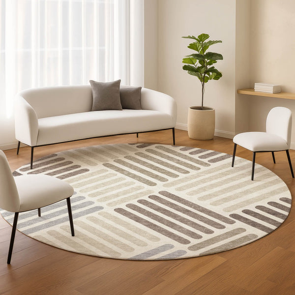 HomeRoots 8' Round Geometric Area Rug in Ivory Beige & Brown - Washable, Durable for Indoor/Outdoor Use 660417